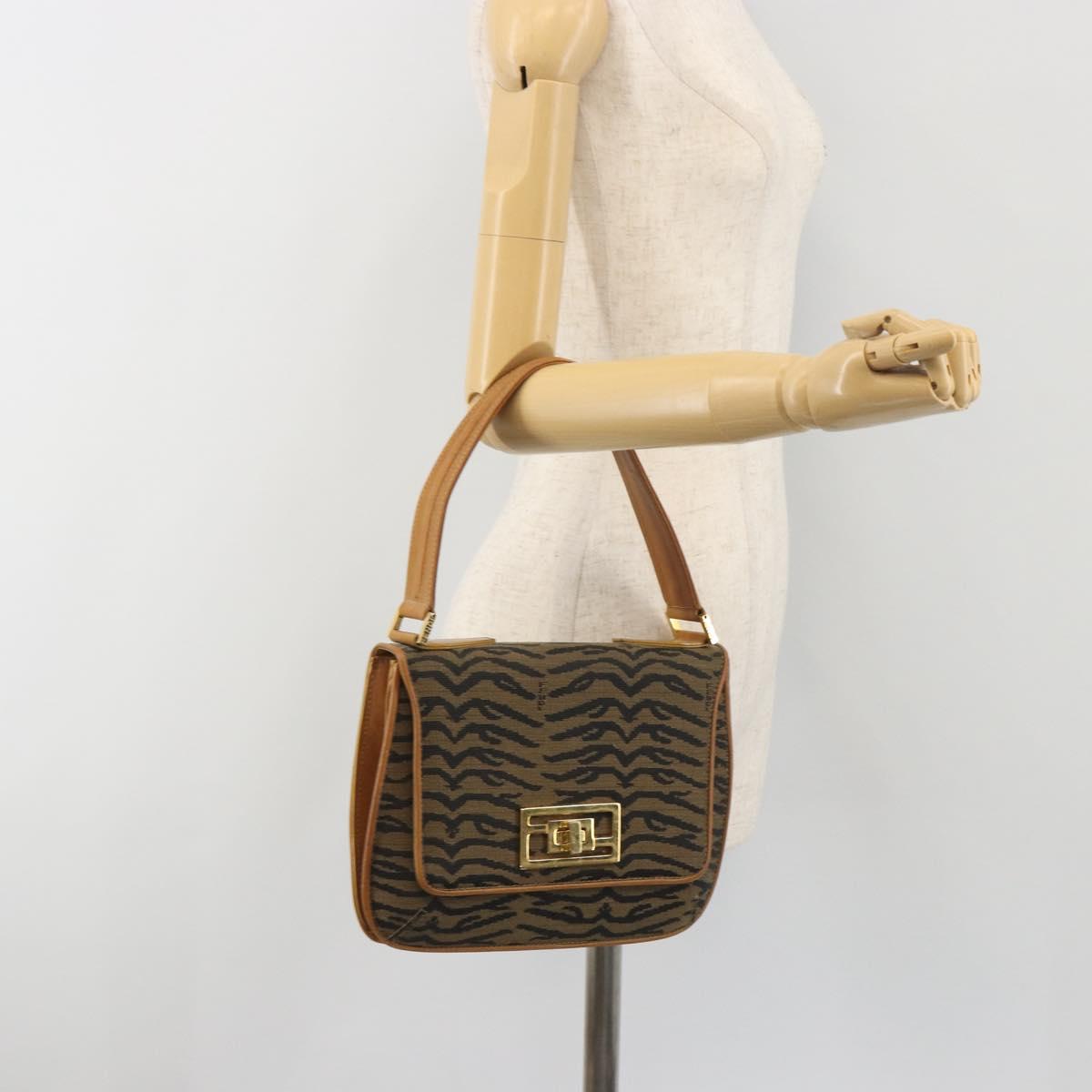 FENDI Hand Bag Canvas Gold Black Auth 197005