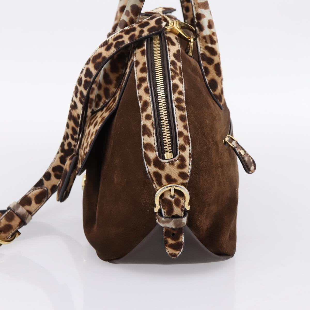 Salvatore Ferragamo Gancini Hand Bag Harako leather 2way Brown Gold Auth 197007A