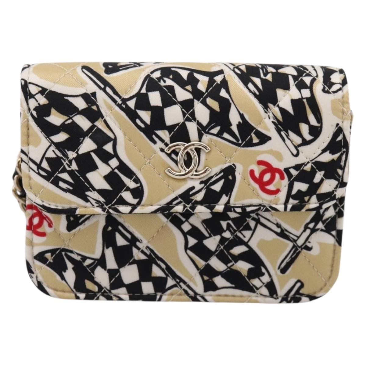 CHANEL Checker Flag Chain Shoulder Bag Canvas Beige Gold CC Auth 197010SAM