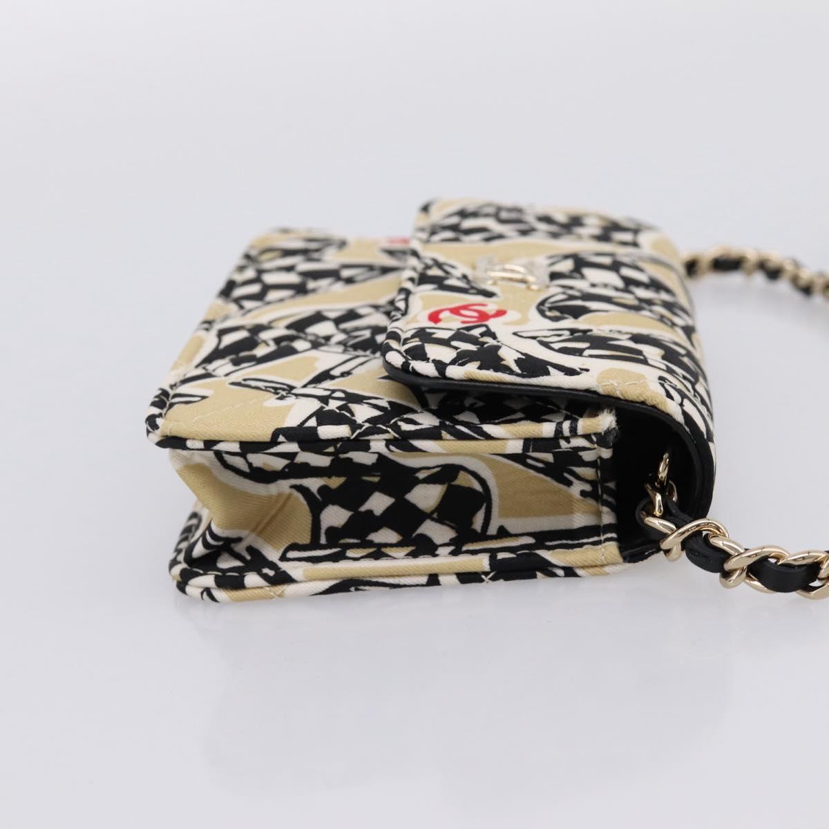 CHANEL Checker Flag Chain Shoulder Bag Canvas Beige Gold CC Auth 197010SAM