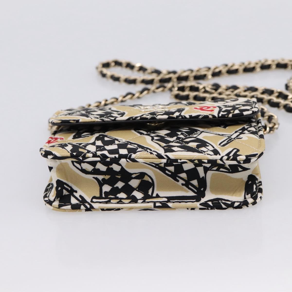 CHANEL Checker Flag Chain Shoulder Bag Canvas Beige Gold CC Auth 197010SAM