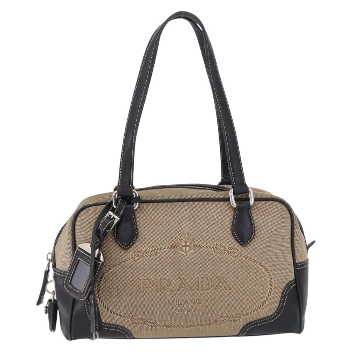 PRADA Tote Bag Canvas Beige Silver Auth 197022A