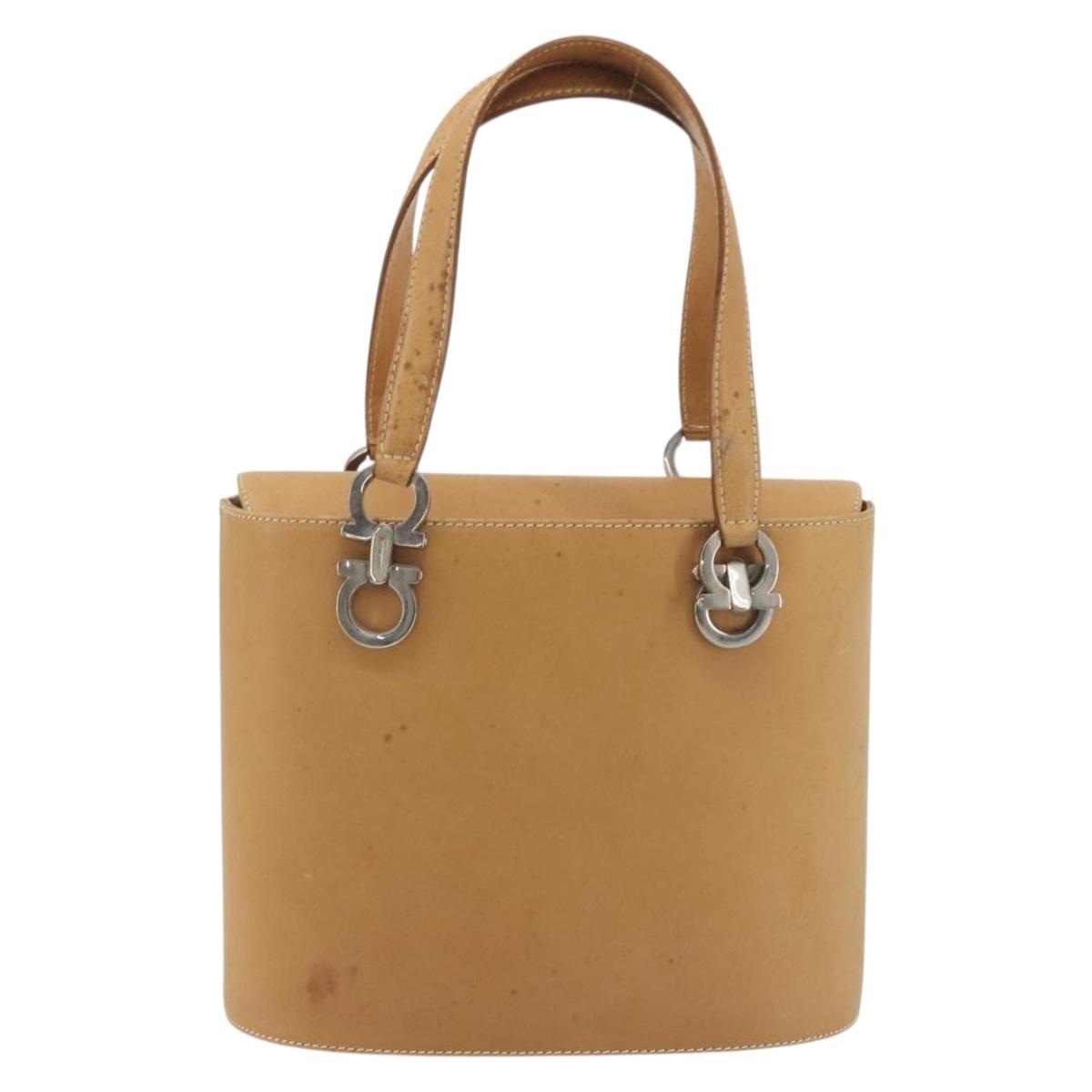 Salvatore Ferragamo Gancini Hand Bag Leather 2way Beige Silver Auth 197027