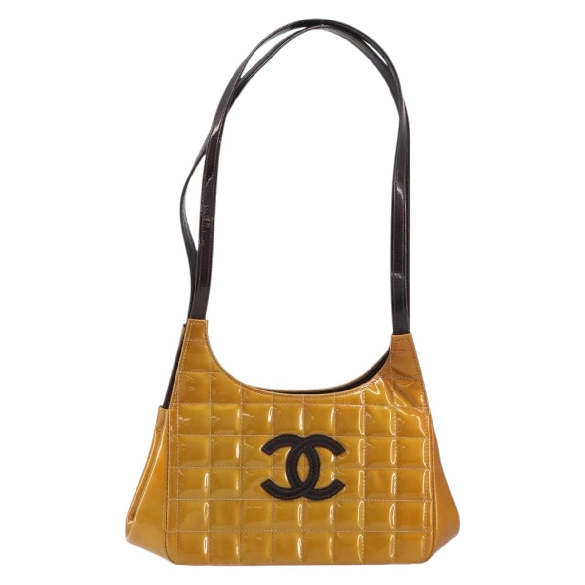 CHANEL Choco Bar line Shoulder Bag Patent leather Orange Silver CC Auth 197037A