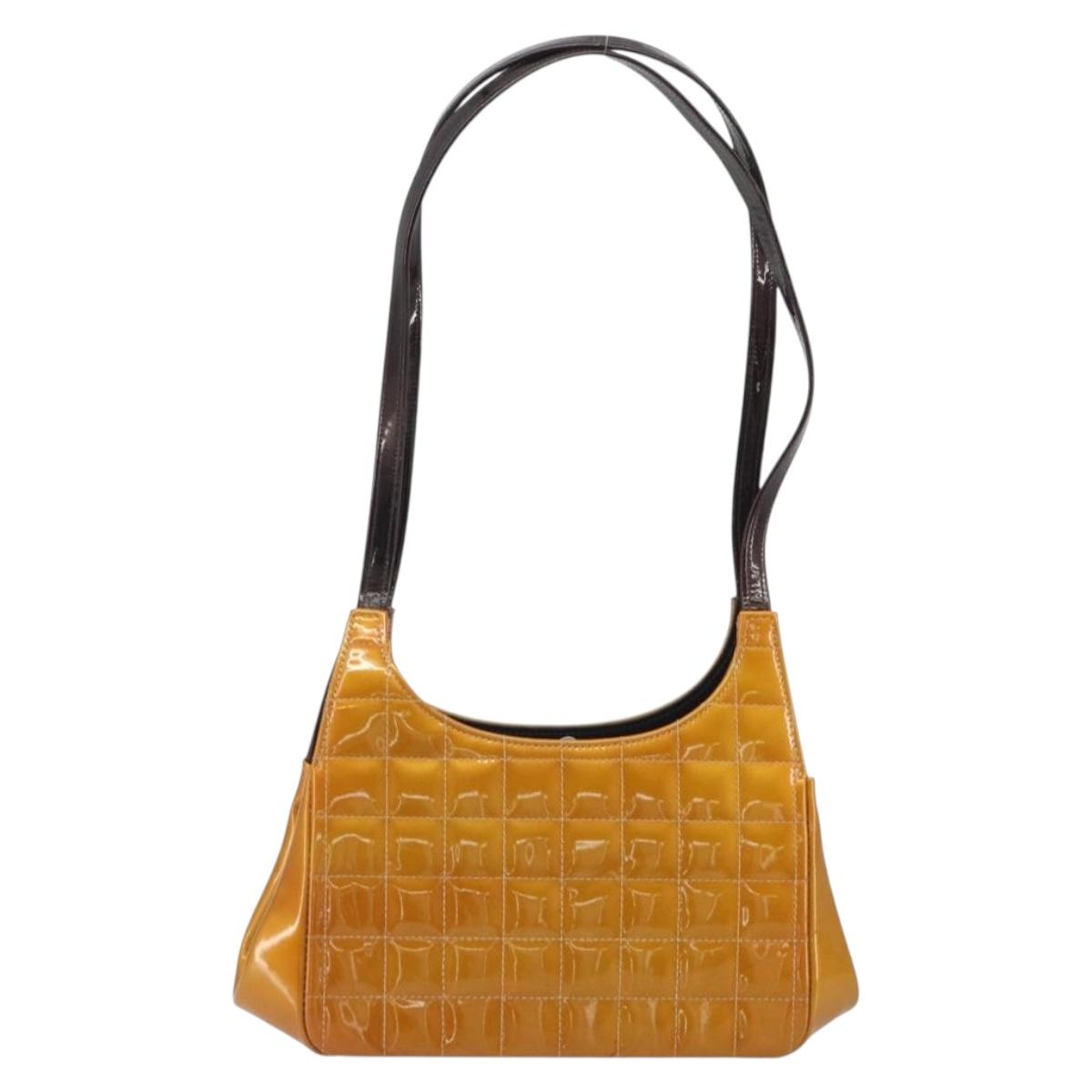 CHANEL Choco Bar line Shoulder Bag Patent leather Orange Silver CC Auth 197037A