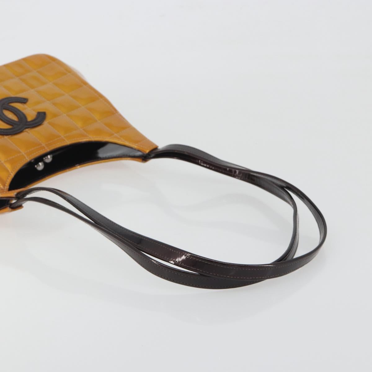 CHANEL Choco Bar line Shoulder Bag Patent leather Orange Silver CC Auth 197037A