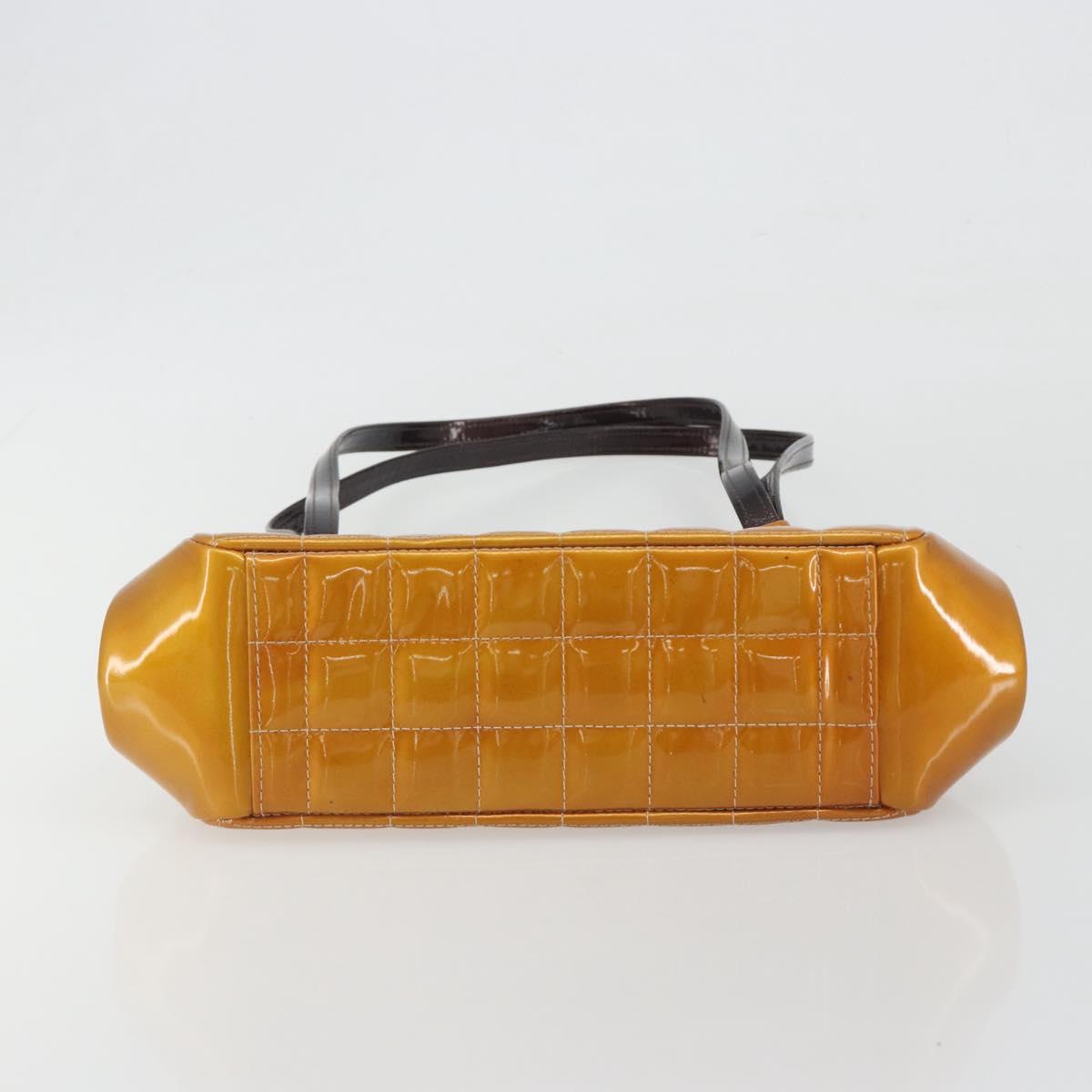 CHANEL Choco Bar line Shoulder Bag Patent leather Orange Silver CC Auth 197037A