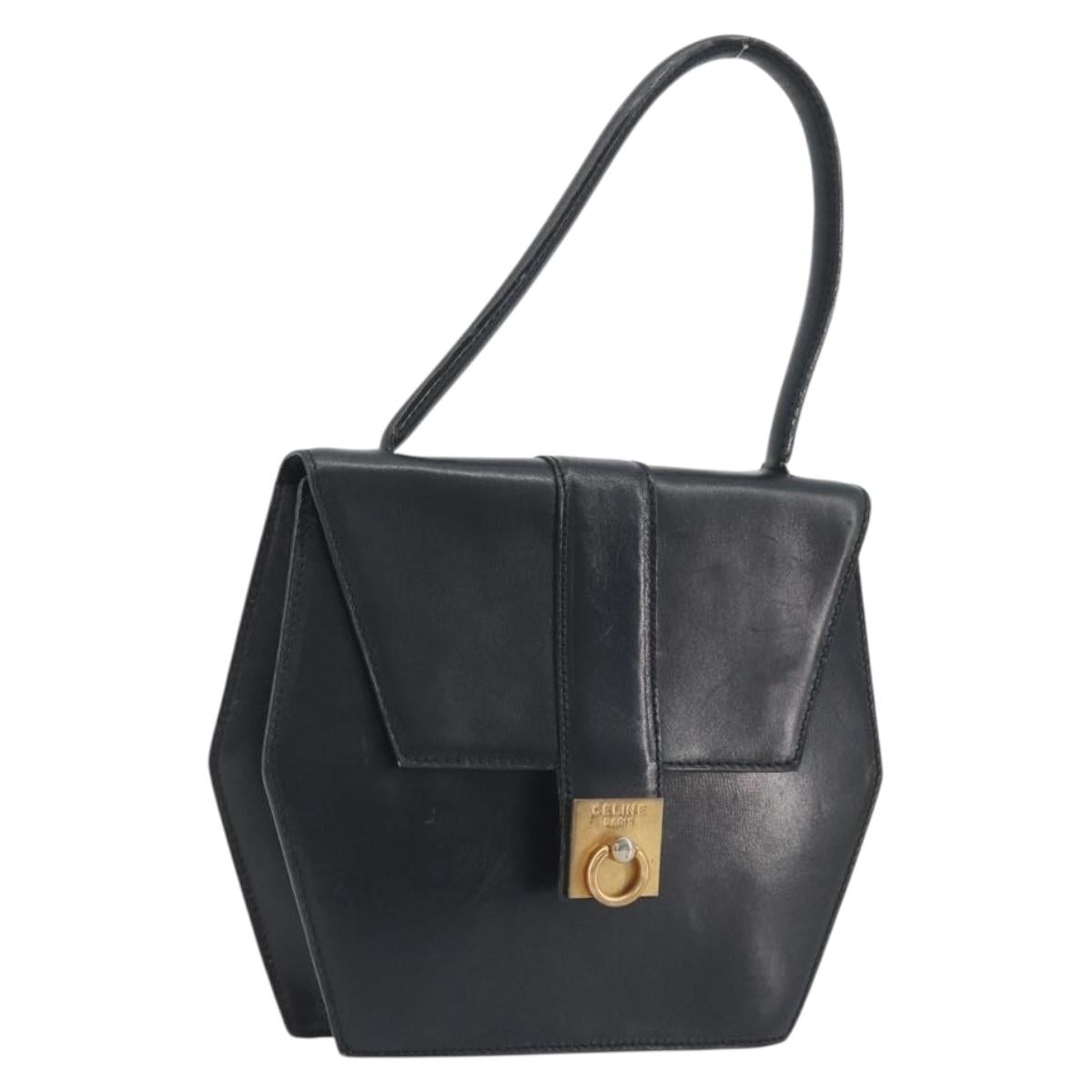 CELINE Hand Bag Leather Black Gold Auth 197040