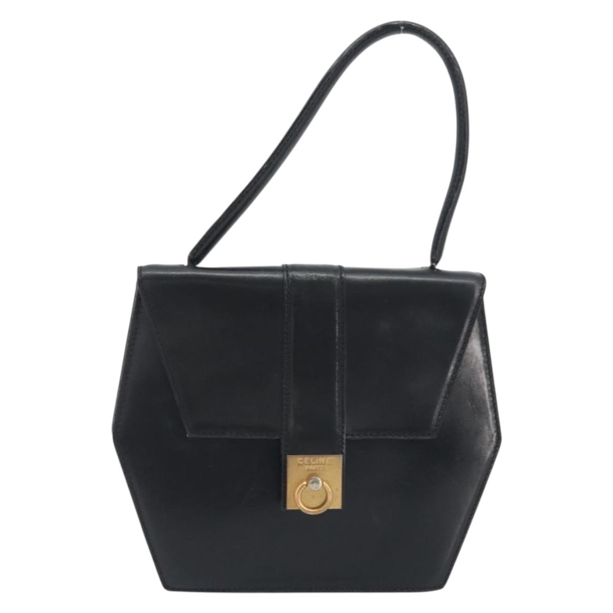 CELINE Hand Bag Leather Black Gold Auth 197040