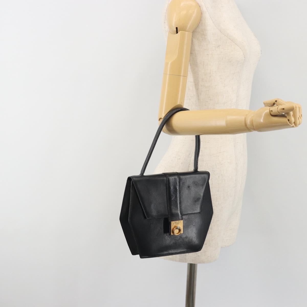 CELINE Hand Bag Leather Black Gold Auth 197040