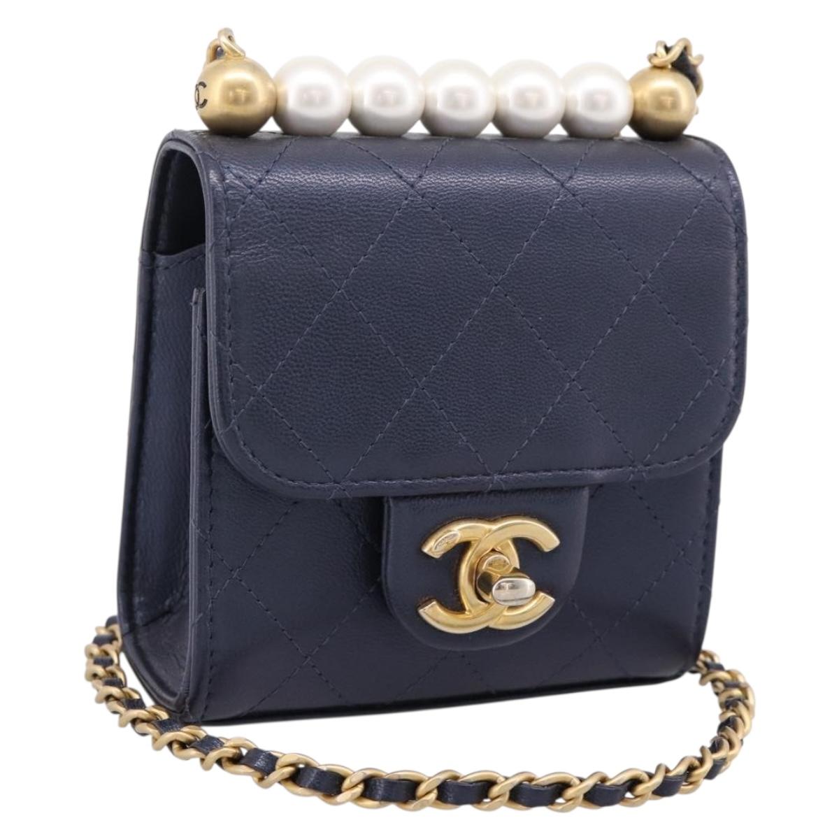 CHANEL Mini Matelasse Chain Pearl Bag Goatskin Navy Gold CC Auth 197060SAM