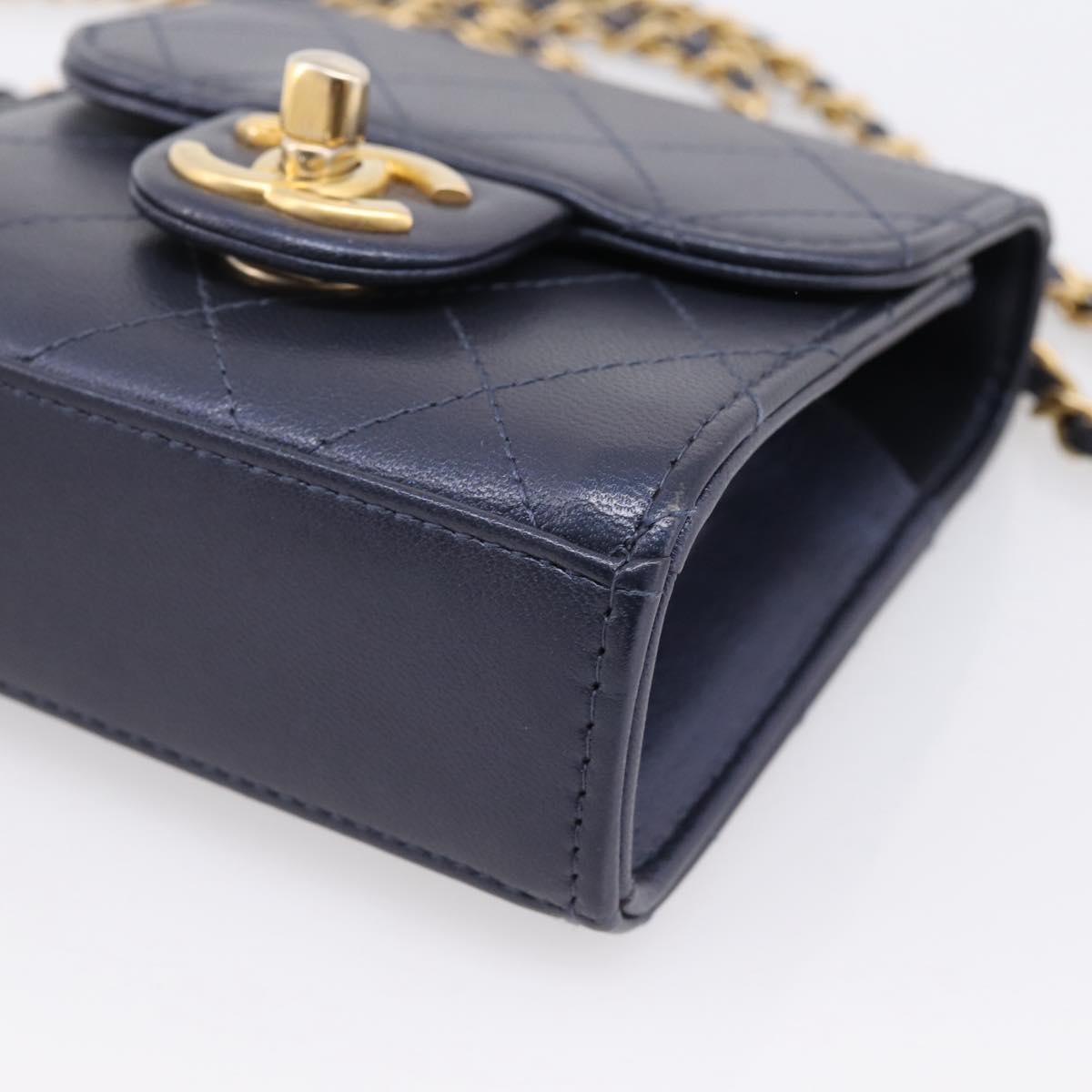 CHANEL Mini Matelasse Chain Pearl Bag Goatskin Navy Gold CC Auth 197060SAM