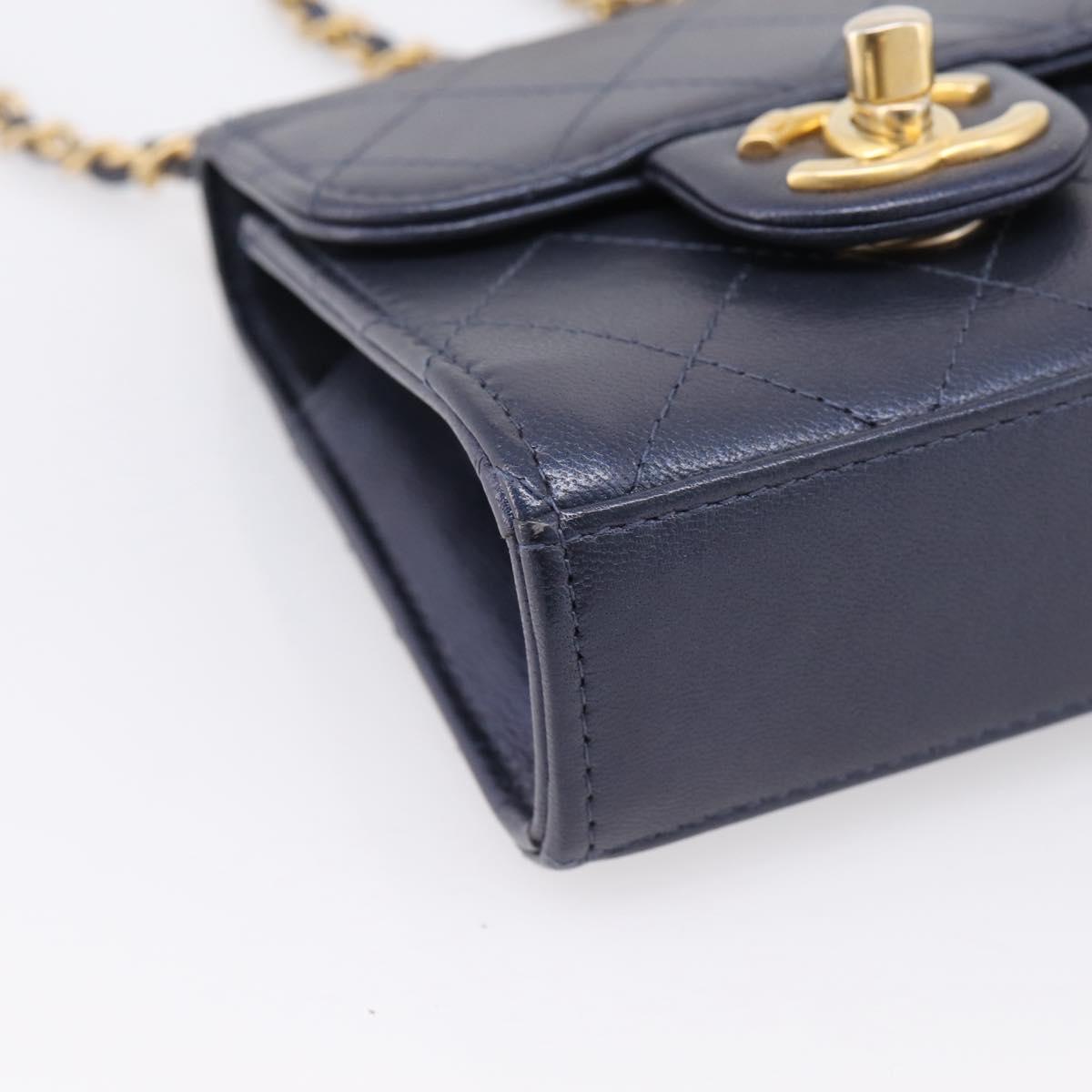 CHANEL Mini Matelasse Chain Pearl Bag Goatskin Navy Gold CC Auth 197060SAM