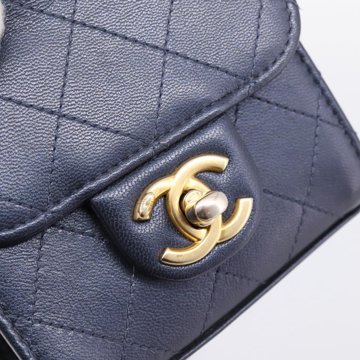 CHANEL Mini Matelasse Chain Pearl Bag Goatskin Navy Gold CC Auth 197060SAM