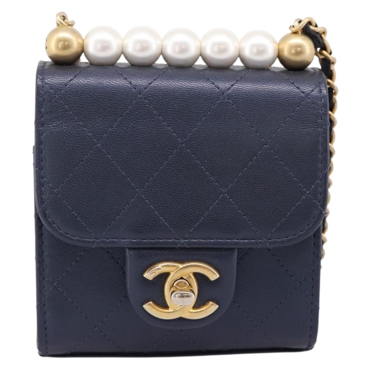 CHANEL Mini Matelasse Chain Pearl Bag Goatskin Navy Gold CC Auth 197060SAM