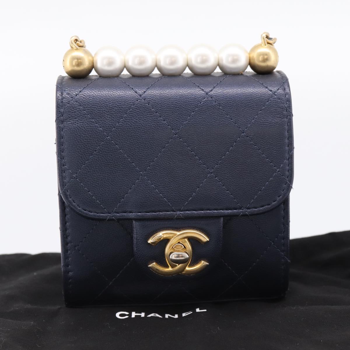 CHANEL Mini Matelasse Chain Pearl Bag Goatskin Navy Gold CC Auth 197060SAM