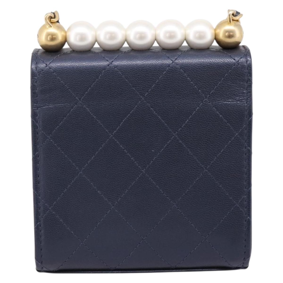 CHANEL Mini Matelasse Chain Pearl Bag Goatskin Navy Gold CC Auth 197060SAM