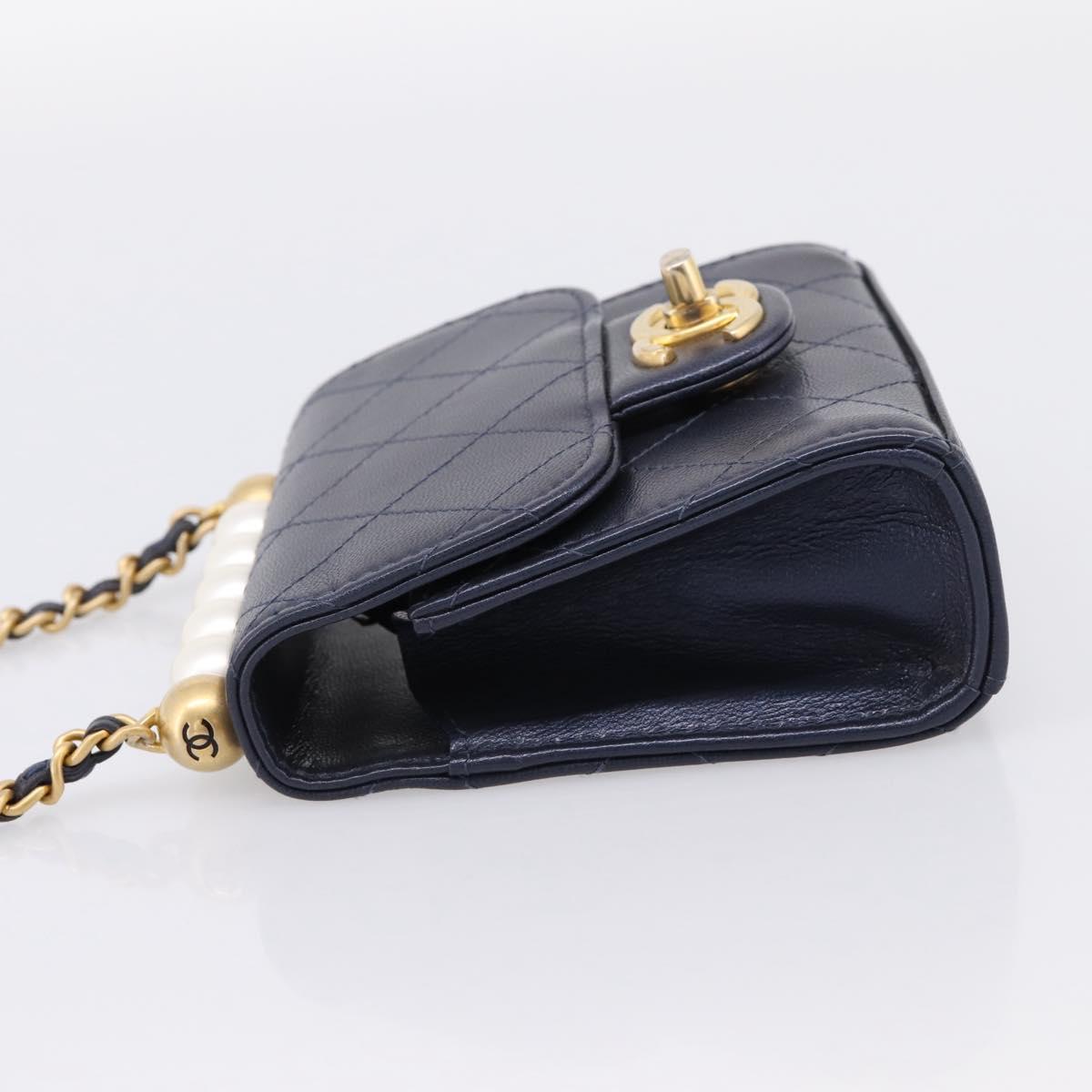 CHANEL Mini Matelasse Chain Pearl Bag Goatskin Navy Gold CC Auth 197060SAM