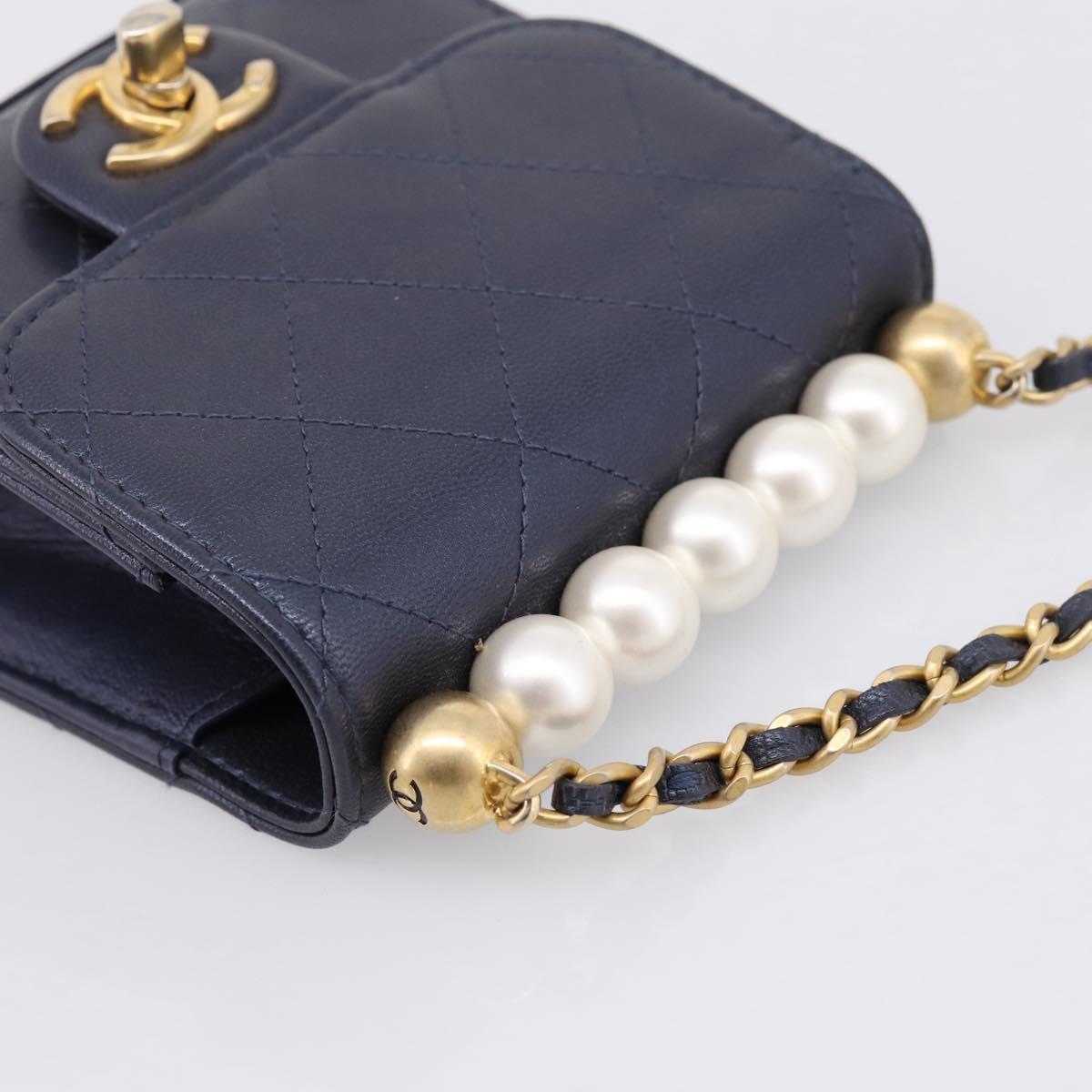 CHANEL Mini Matelasse Chain Pearl Bag Goatskin Navy Gold CC Auth 197060SAM