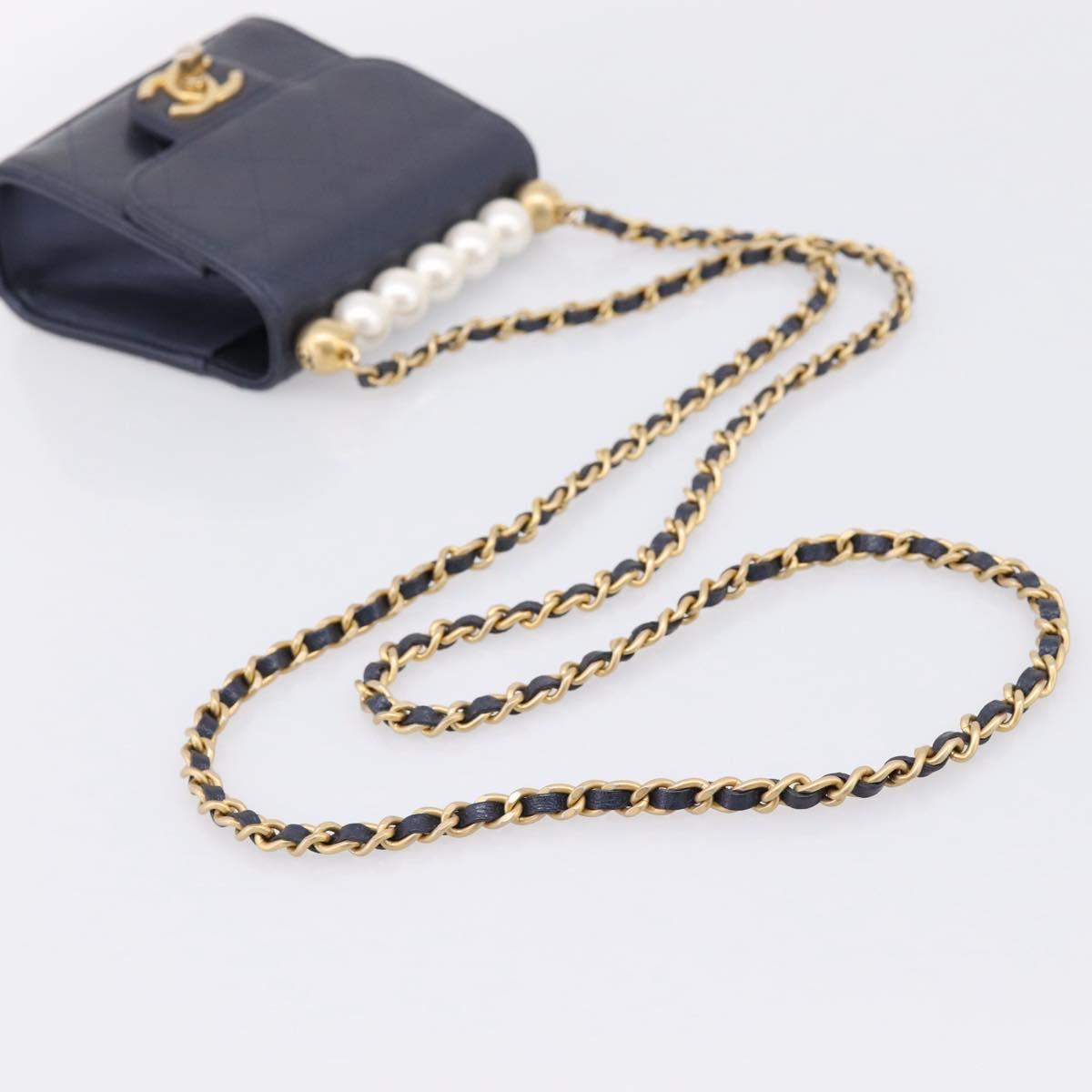 CHANEL Mini Matelasse Chain Pearl Bag Goatskin Navy Gold CC Auth 197060SAM