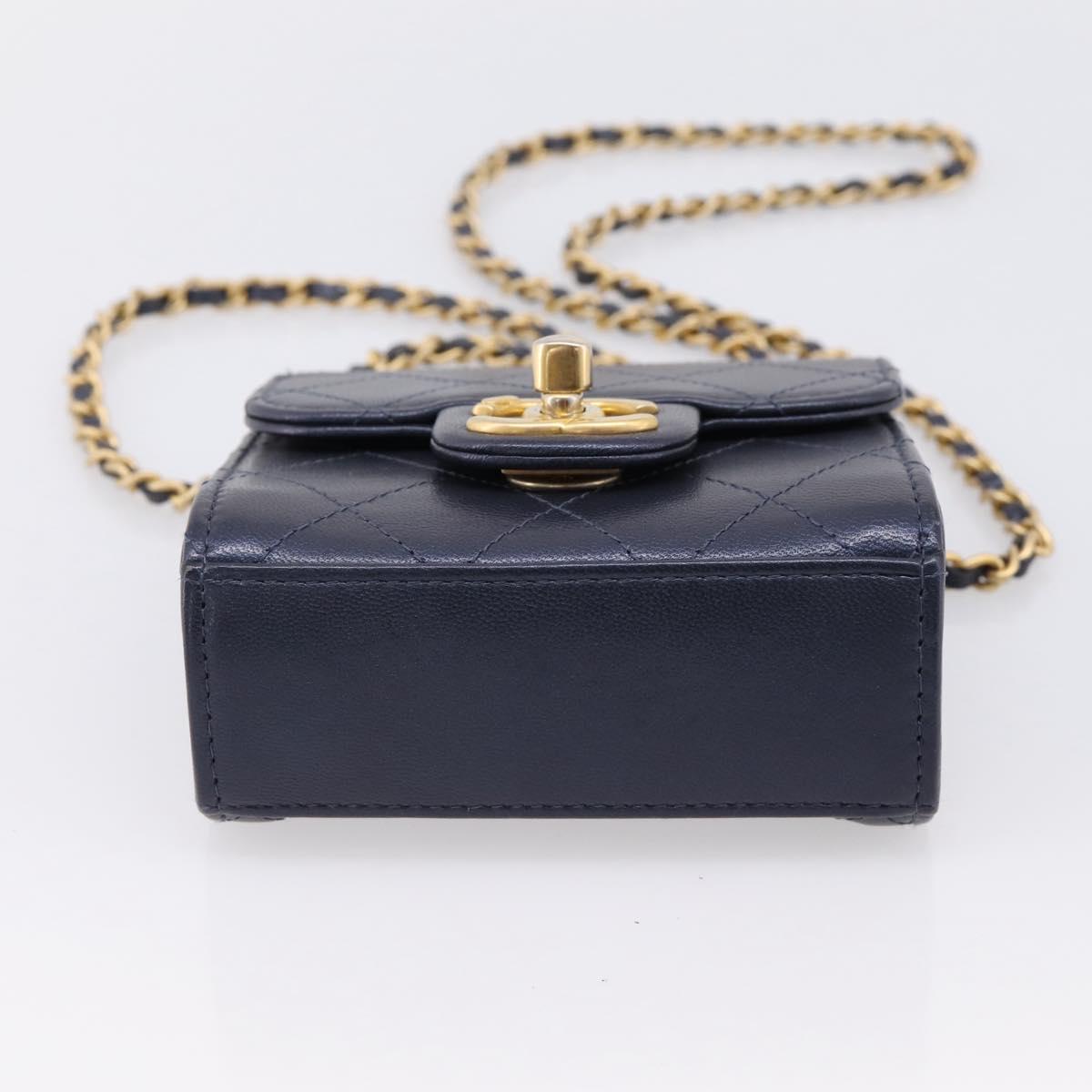 CHANEL Mini Matelasse Chain Pearl Bag Goatskin Navy Gold CC Auth 197060SAM