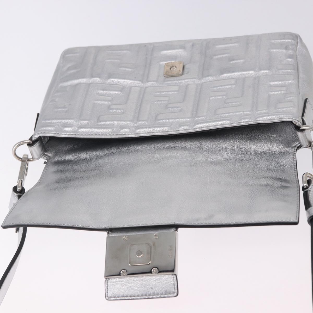 FENDI Zucca Canvas Mamma Baguette Shoulder Bag Leather Silver Auth 197105SAM