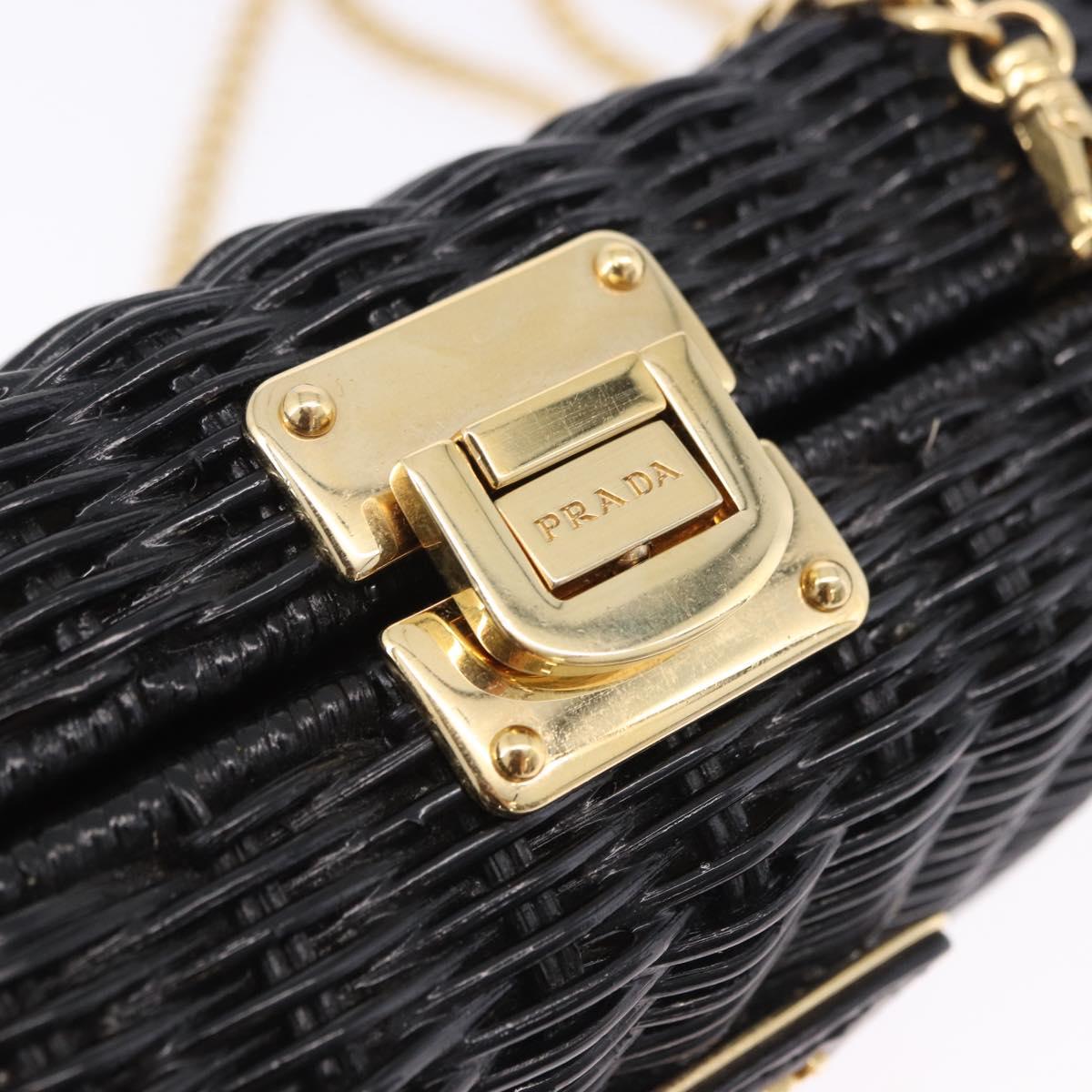 PRADA Chain Shoulder Bag Rattan Black Gold Auth 197136M