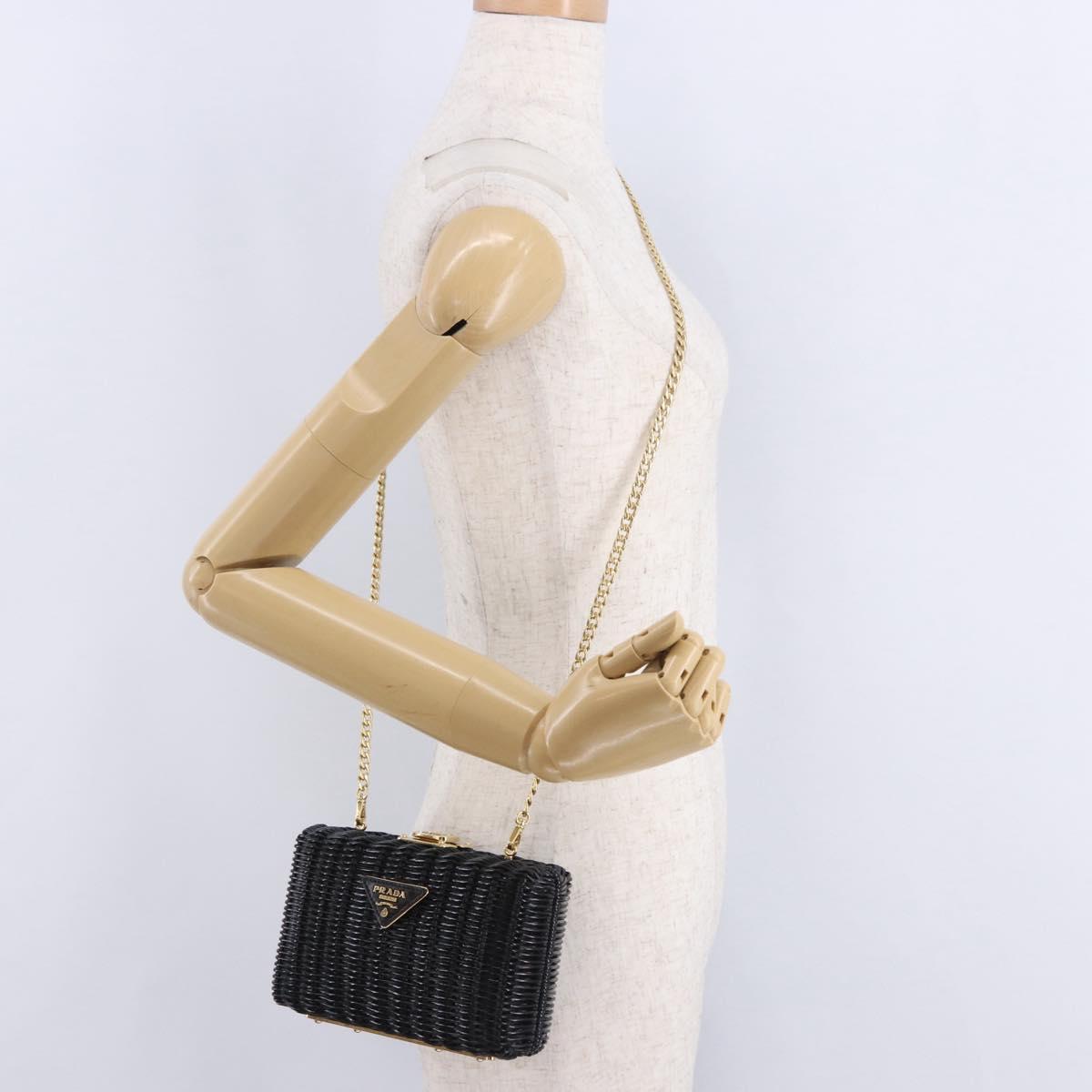 PRADA Chain Shoulder Bag Rattan Black Gold Auth 197136M