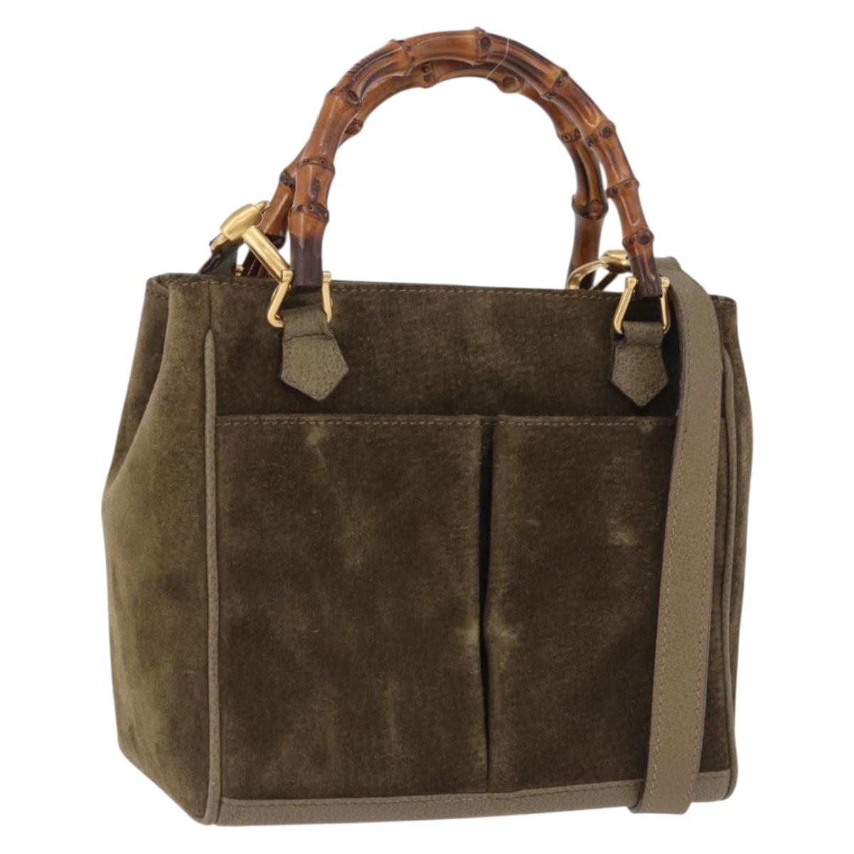 GUCCI Bamboo Hand Bag Suede 2way Green Gold 000 123 0316 Auth 197137