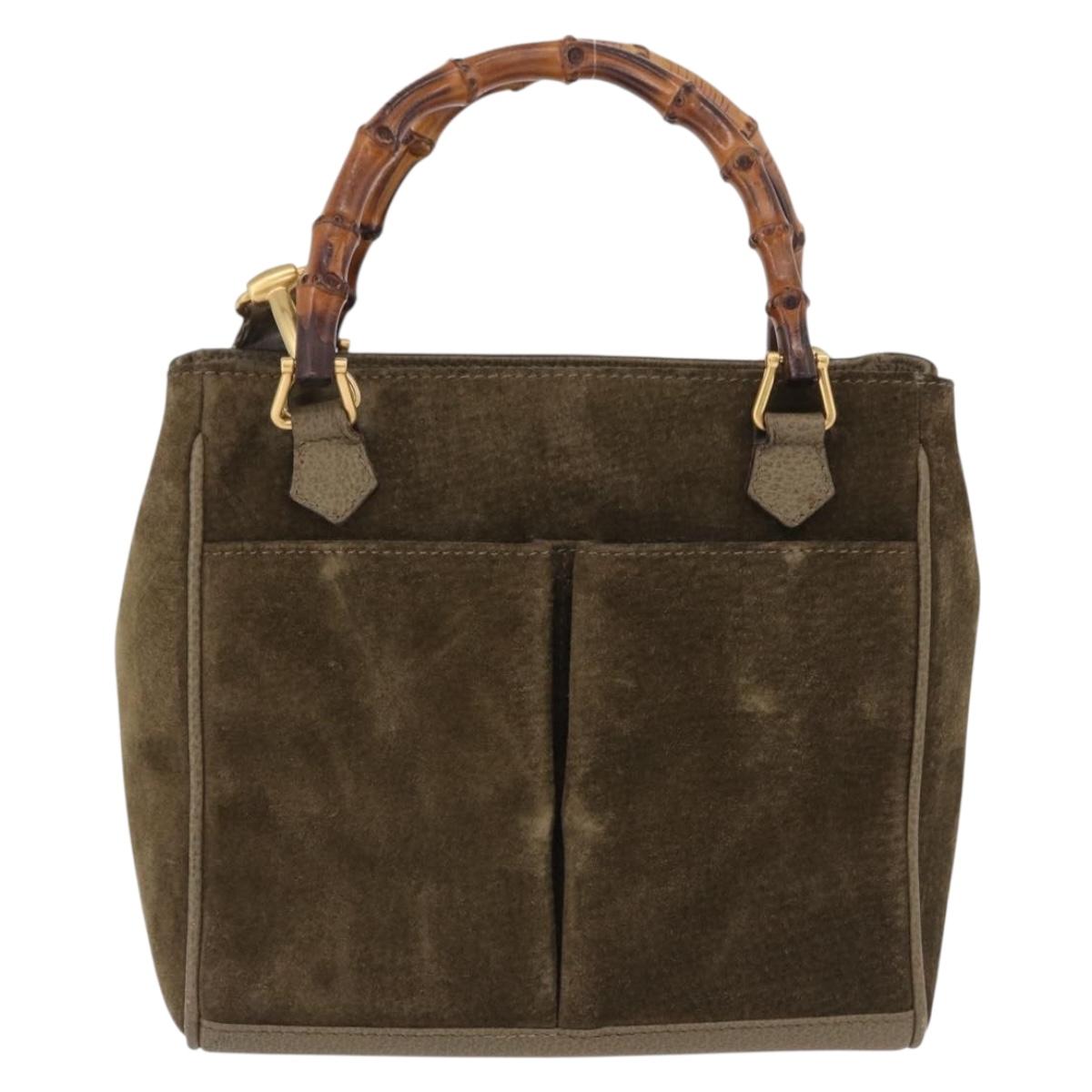 GUCCI Bamboo Hand Bag Suede 2way Green Gold 000 123 0316 Auth 197137