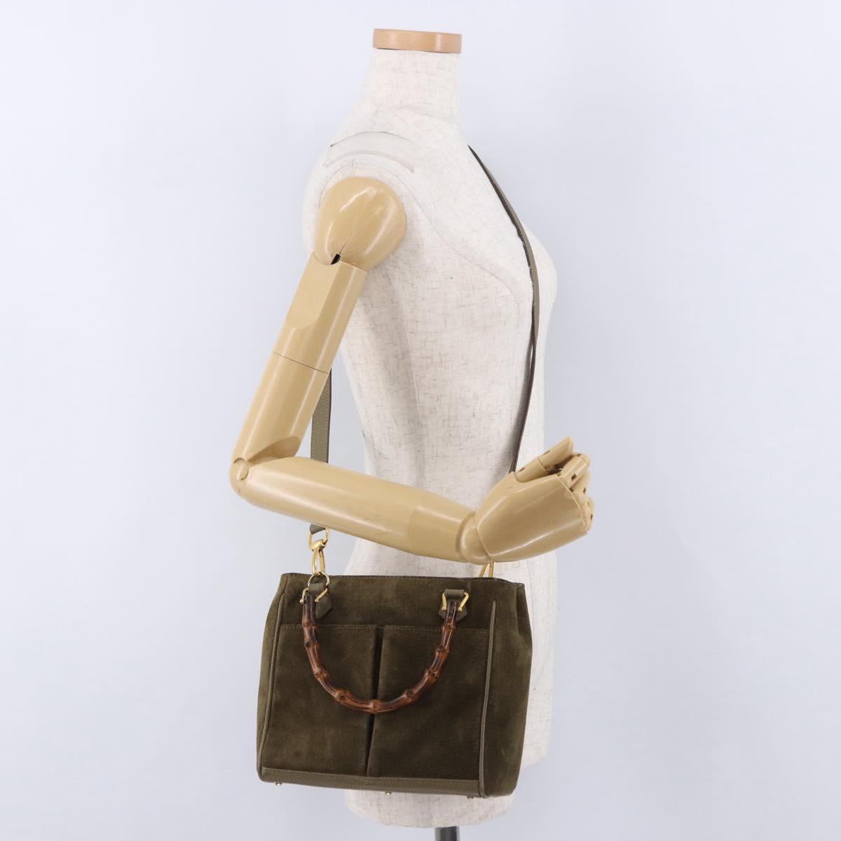 GUCCI Bamboo Hand Bag Suede 2way Green Gold 000 123 0316 Auth 197137