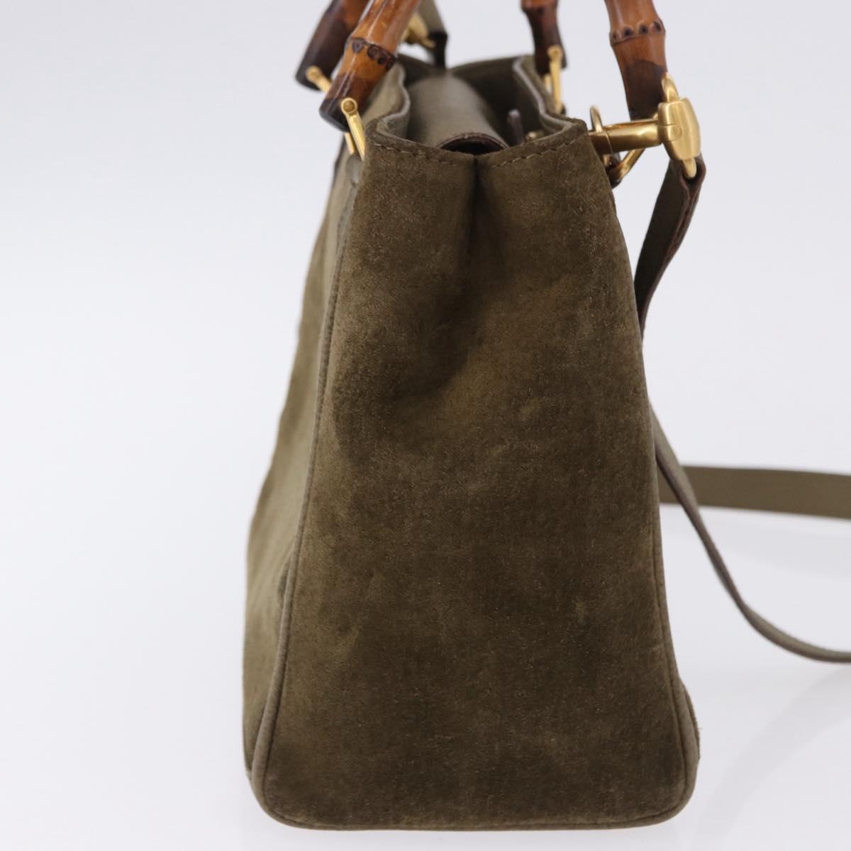 GUCCI Bamboo Hand Bag Suede 2way Green Gold 000 123 0316 Auth 197137