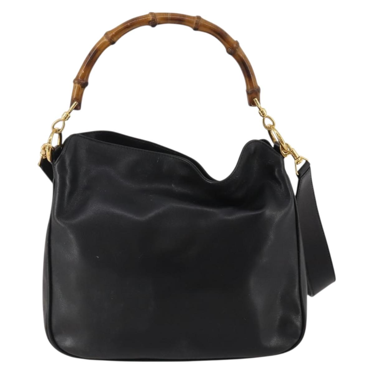GUCCI Bamboo Hand Bag Leather 2way Black Gold 001 1638 2615 Auth 197140