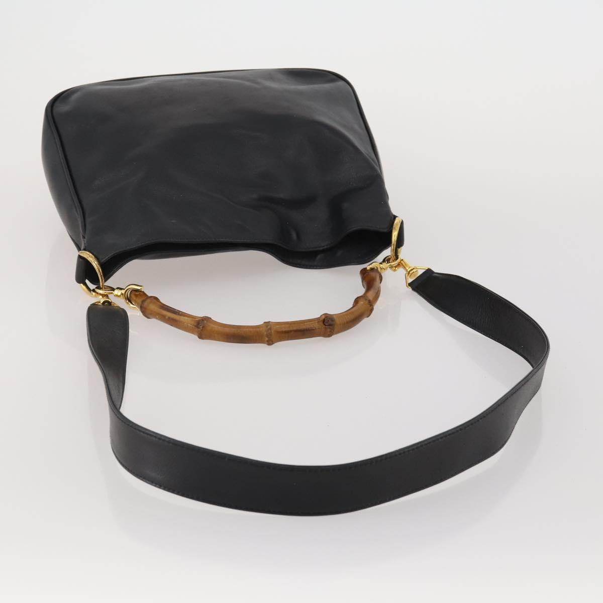 GUCCI Bamboo Hand Bag Leather 2way Black Gold 001 1638 2615 Auth 197140