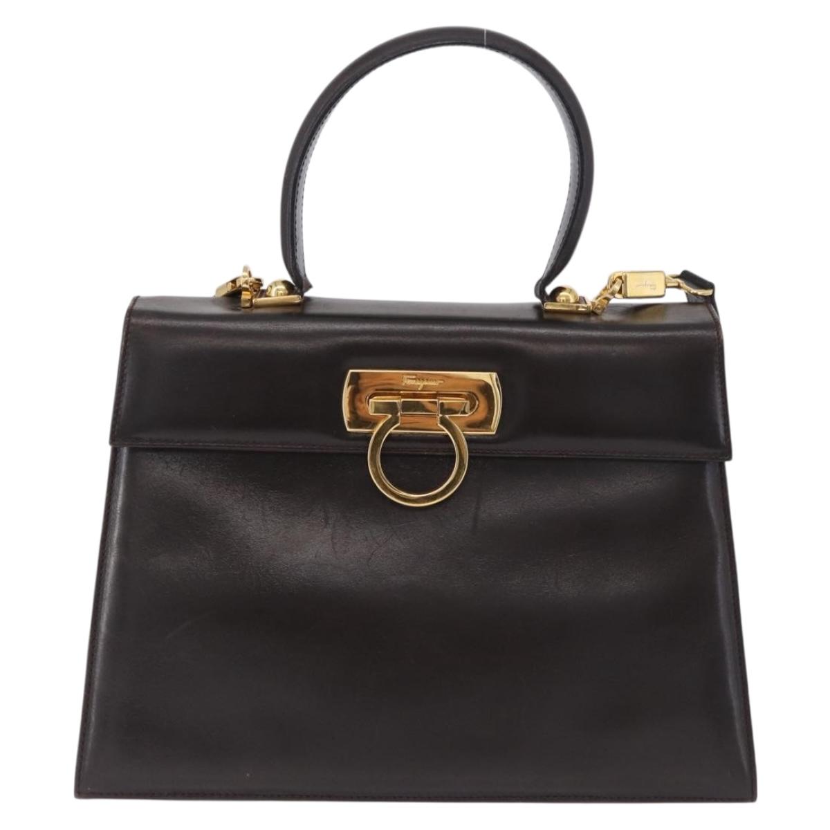Salvatore Ferragamo Gancini Hand Bag Leather 2way Brown Gold Auth 197167