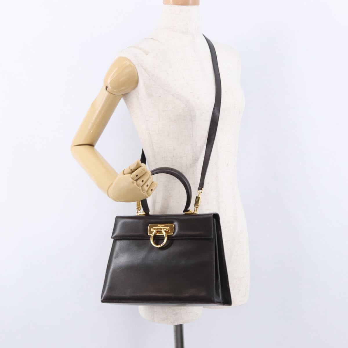 Salvatore Ferragamo Gancini Hand Bag Leather 2way Brown Gold Auth 197167
