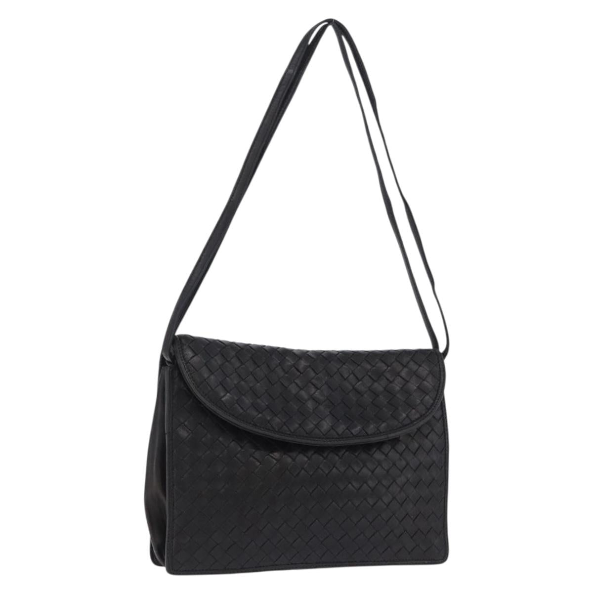 BOTTEGA VENETA INTRECCIATO Shoulder Bag Leather Black Gold Auth 197189