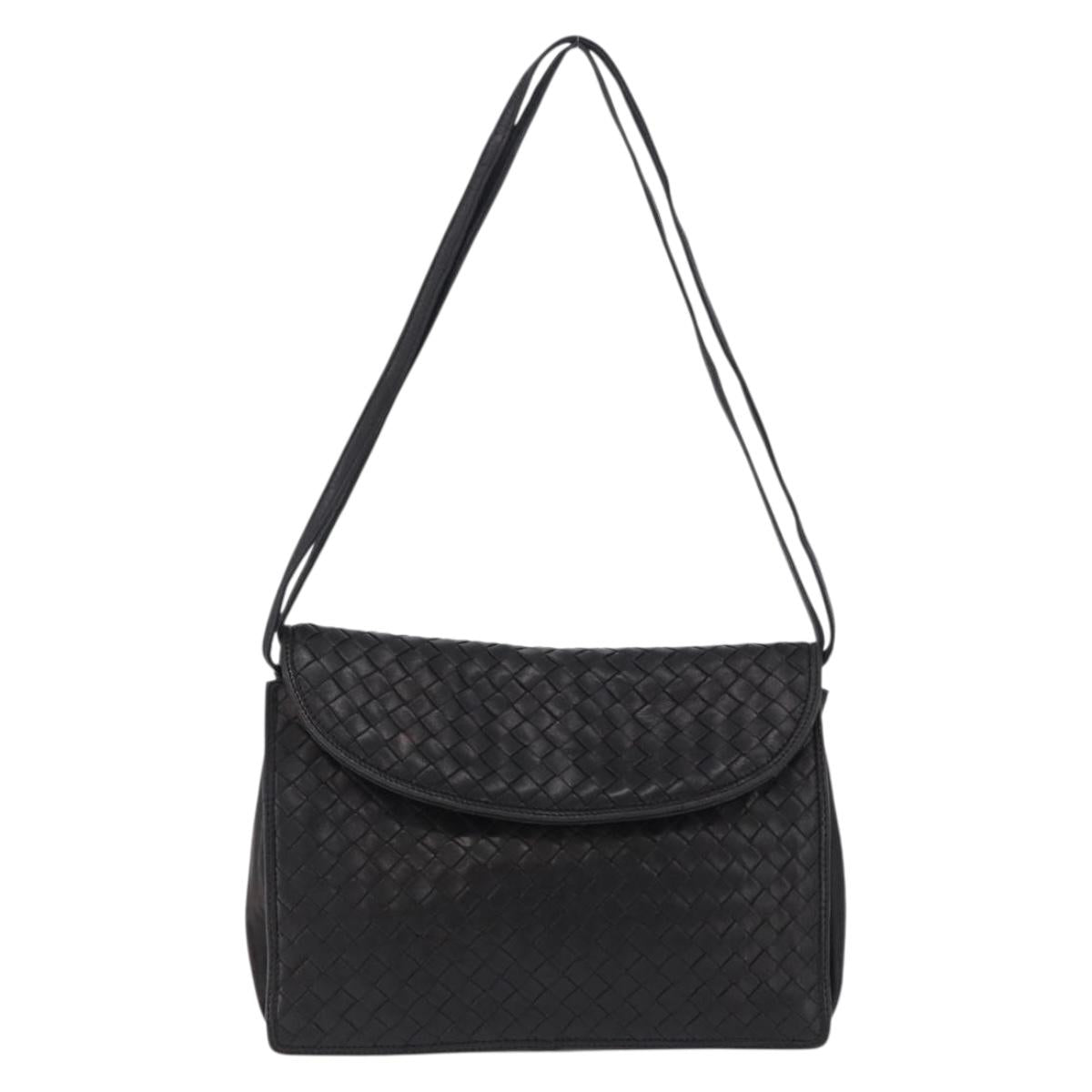 BOTTEGA VENETA INTRECCIATO Shoulder Bag Leather Black Gold Auth 197189