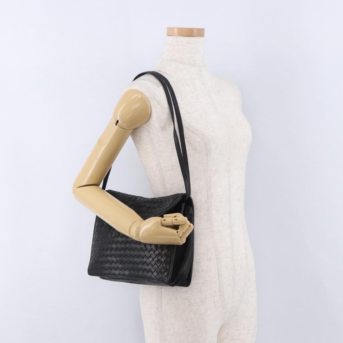 BOTTEGA VENETA INTRECCIATO Shoulder Bag Leather Black Gold Auth 197189