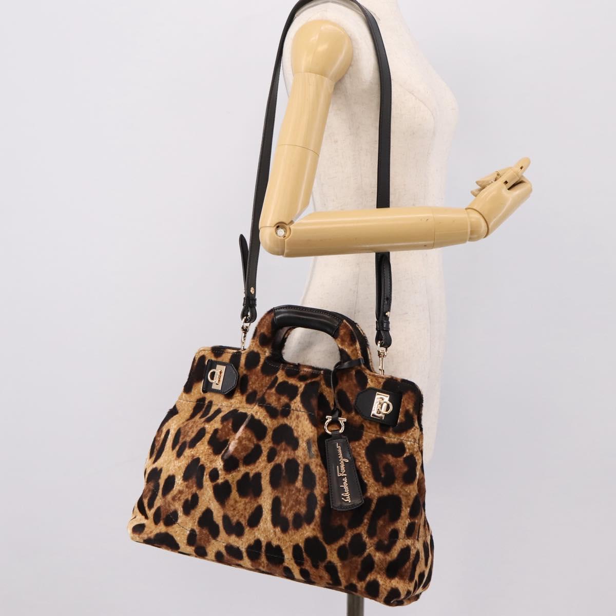 Salvatore Ferragamo Gancini Hand Bag Harako leather 2way Brown Gold Auth 197192A