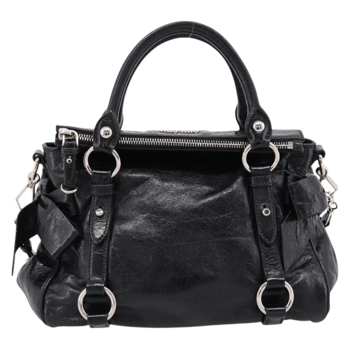 Miu Miu Hand Bag Vitello Lux Leather 2way Black Silver Auth 197198SAM