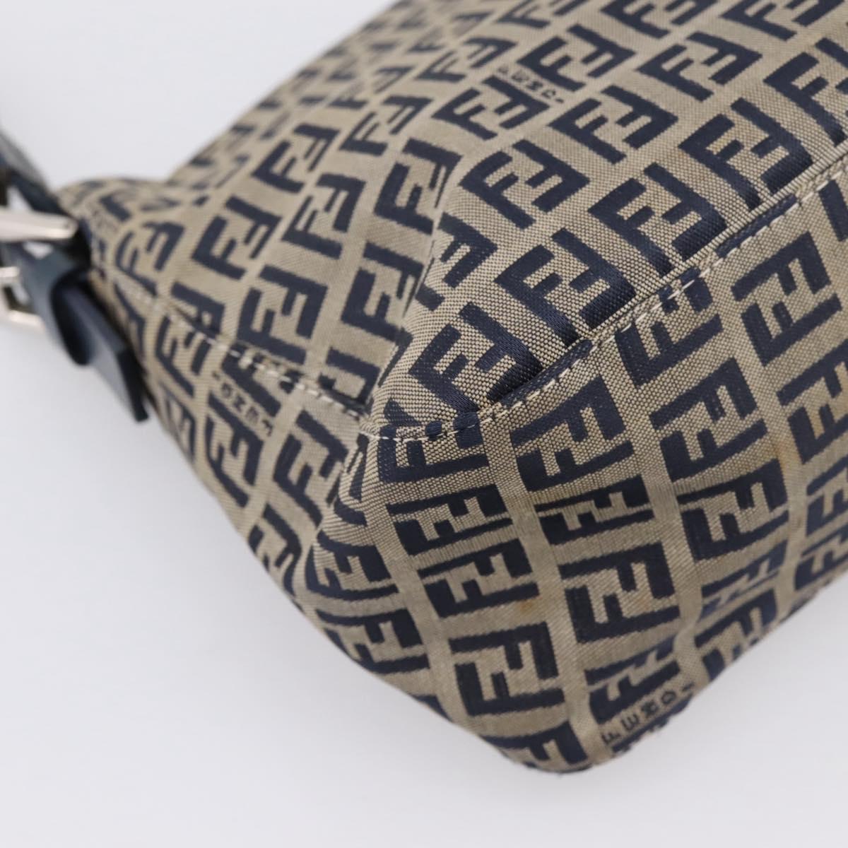 FENDI Zucchino Canvas Mamma Baguette Shoulder Bag Navy Silver Auth 197199A