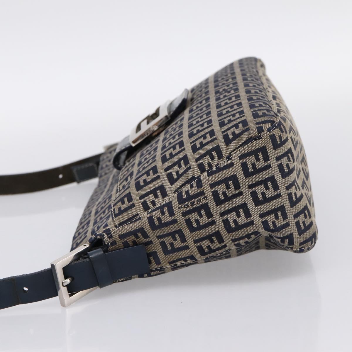 FENDI Zucchino Canvas Mamma Baguette Shoulder Bag Navy Silver Auth 197199A