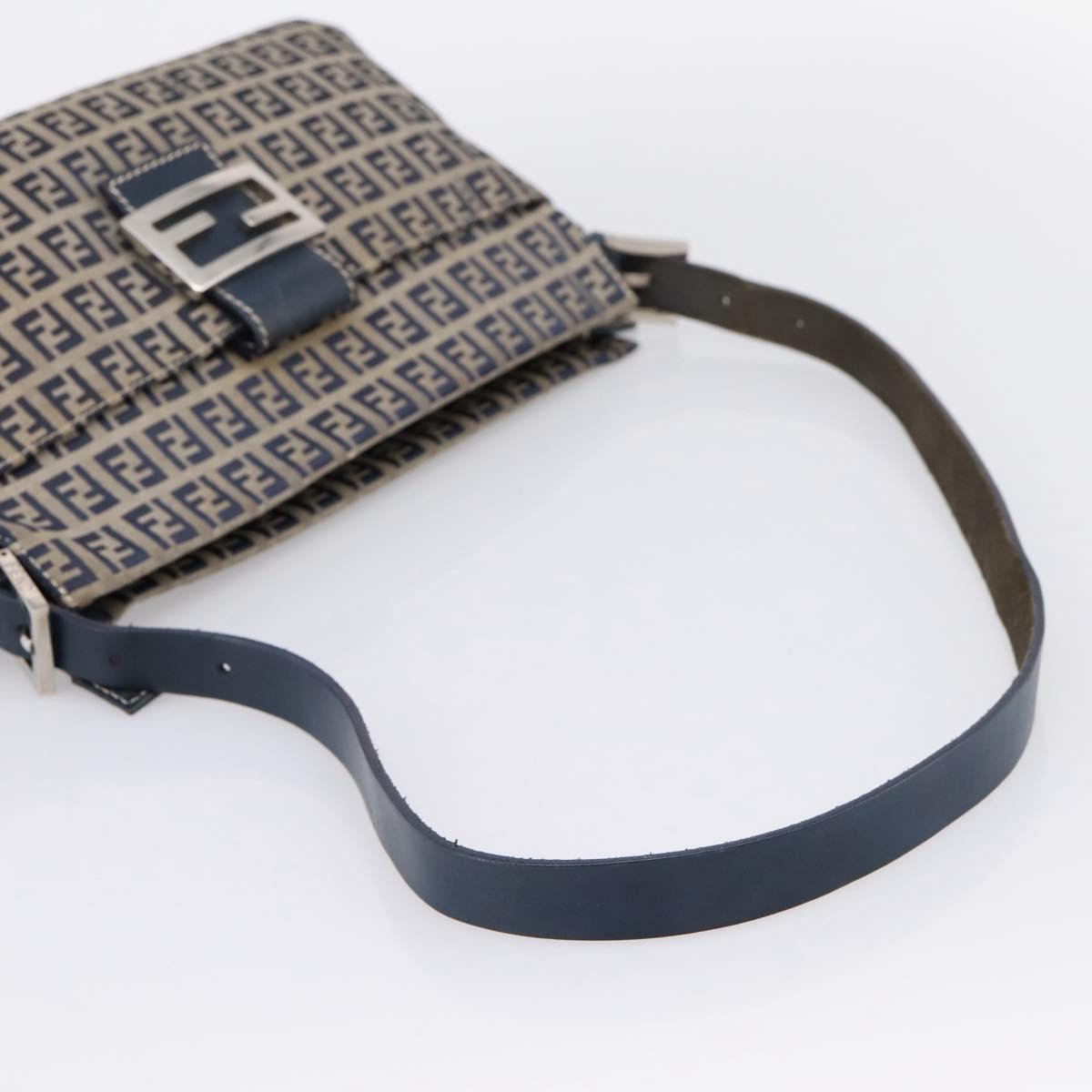 FENDI Zucchino Canvas Mamma Baguette Shoulder Bag Navy Silver Auth 197199A