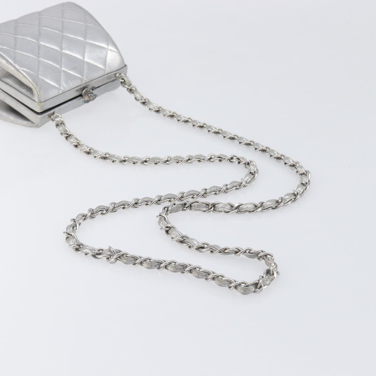 CHANEL Chain Shoulder Pouch Matelasse Leather Silver CC Auth 197202A