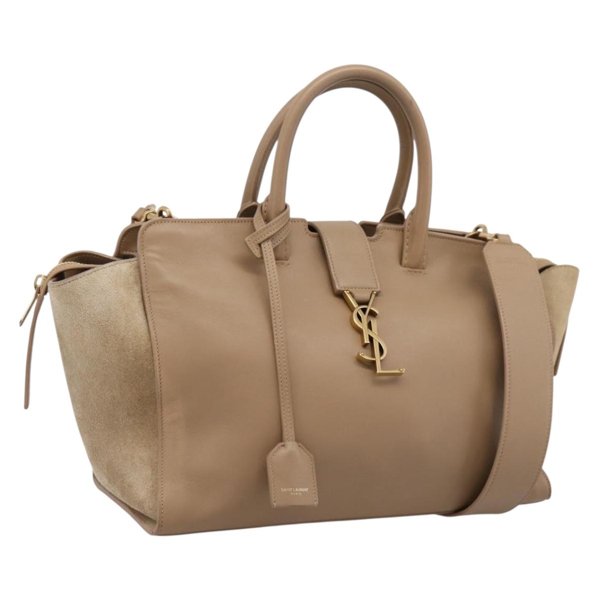 SAINT LAURENT Downtown Cabas Hand Bag Leather 2way Beige Gold Auth 197207V