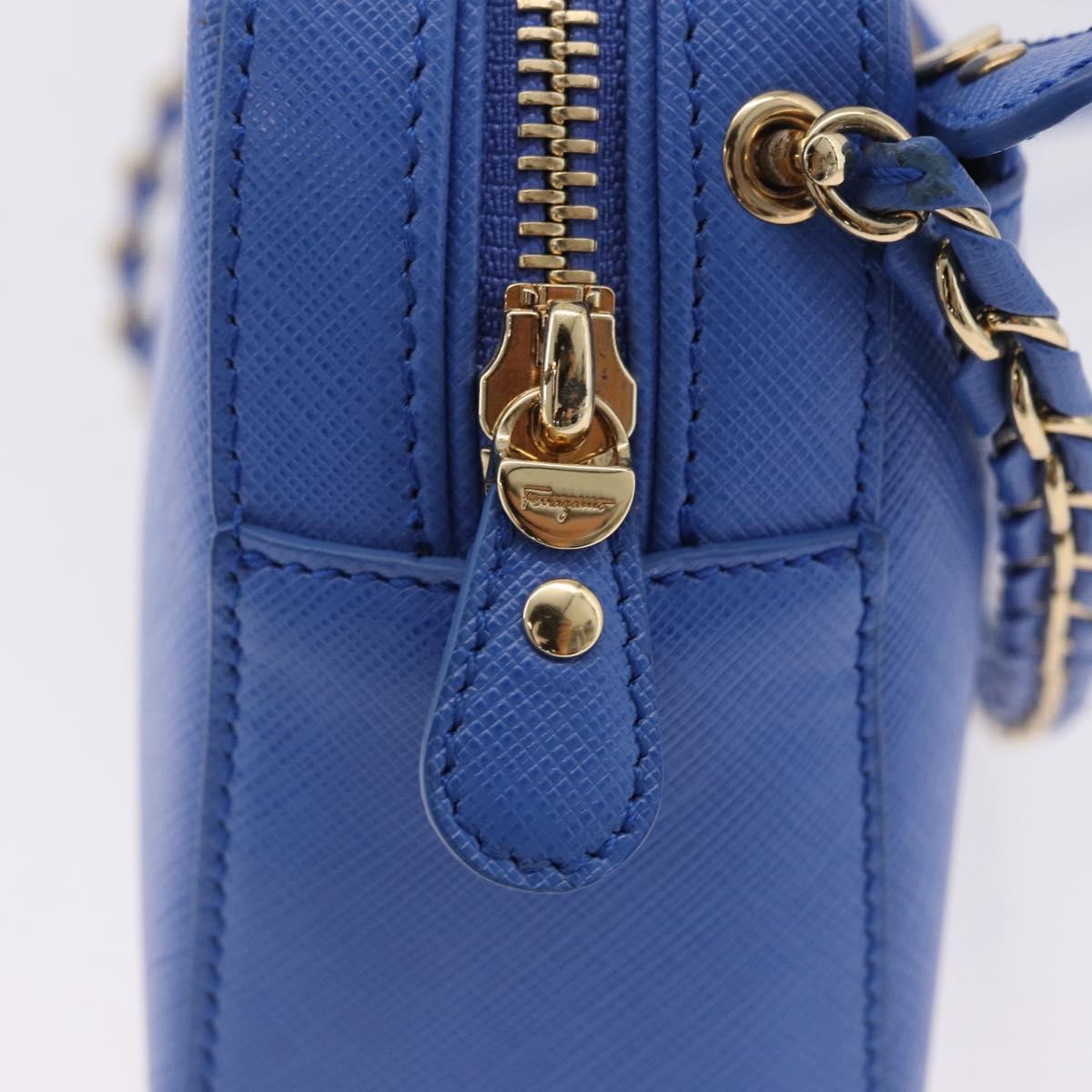 Salvatore Ferragamo Vala Chain Shoulder Bag Leather Blue Gold Auth 197212V
