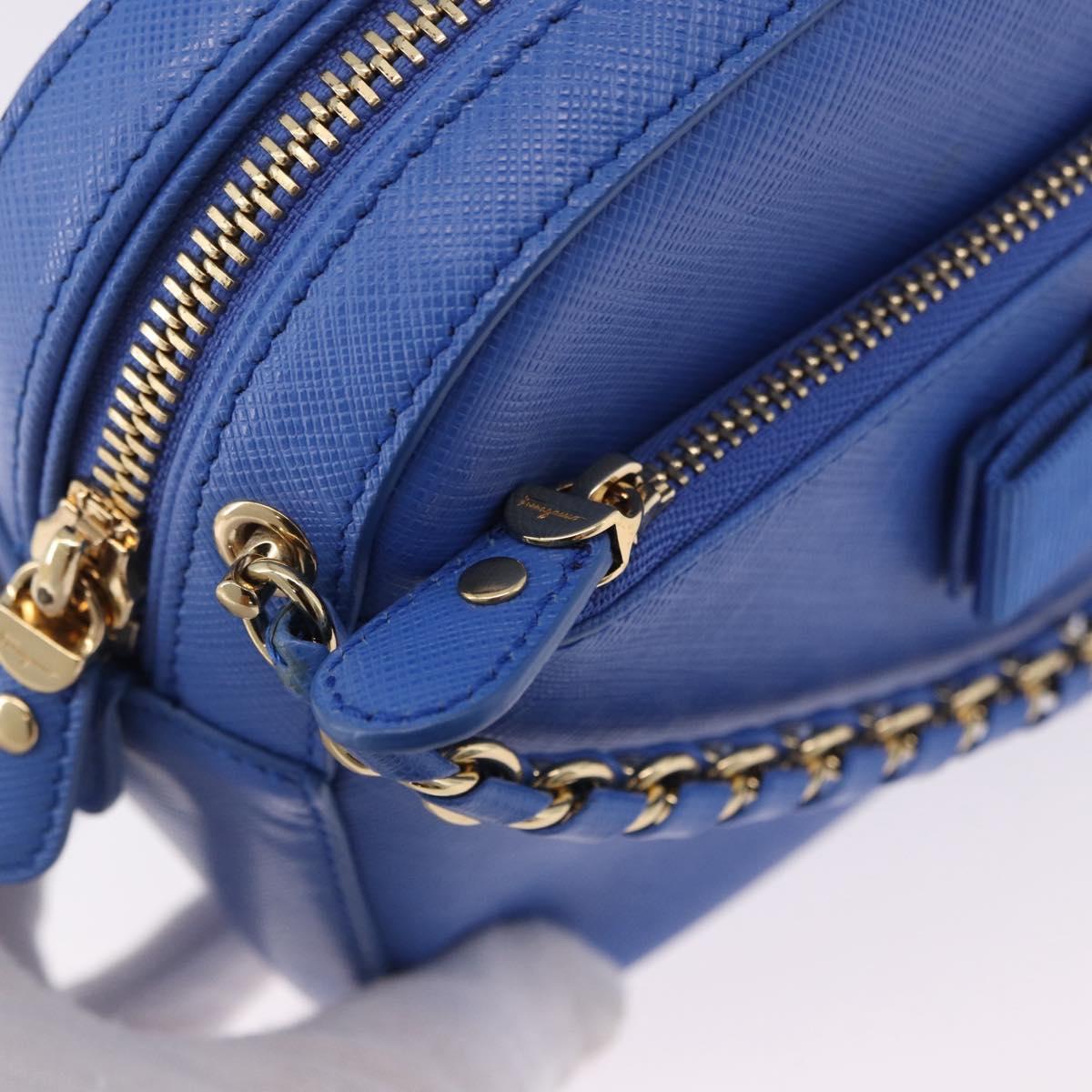 Salvatore Ferragamo Vala Chain Shoulder Bag Leather Blue Gold Auth 197212V