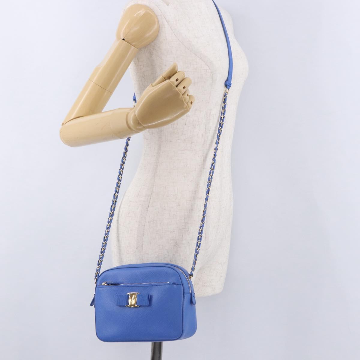 Salvatore Ferragamo Vala Chain Shoulder Bag Leather Blue Gold Auth 197212V