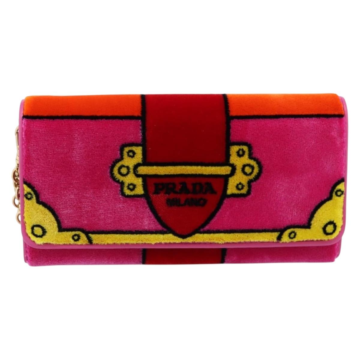 PRADA Long Wallet Velor Red Gold Auth 197223M